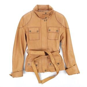 Vintage Camel-Tan Leather Belted Jacket